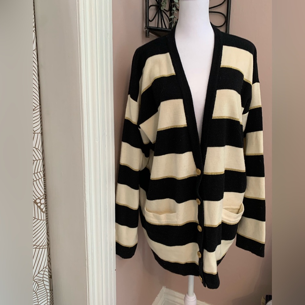 Rena Rowan for Saville Black and Cream Striped Cardigan old money wool coastal